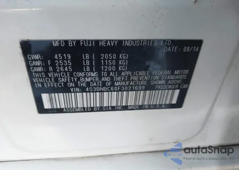 2015 Subaru Legacy 2.5I Premium z USA, uszkodzony, nr VIN 4S3BNBC60F3021699